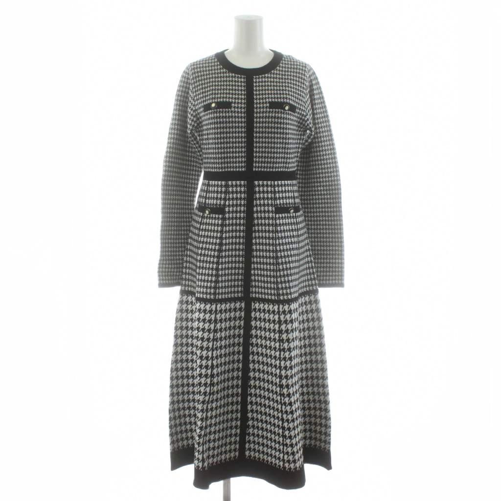 ハーリップトゥ Her lip to Montaigne Knit Long Dress ニットワンピース ロング マキシ 長袖 千鳥格子 ウール混 M 黒 ブラック 白 ホワイト |KU