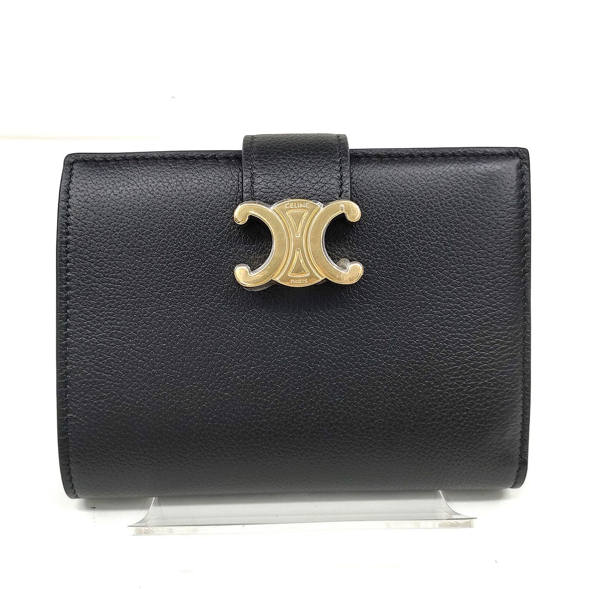 CELINE セリーヌ ミディアム ストラップウォレット ニノ 二つ折り財布 10 M 913 レディース レザー ブラック ゴールド金具