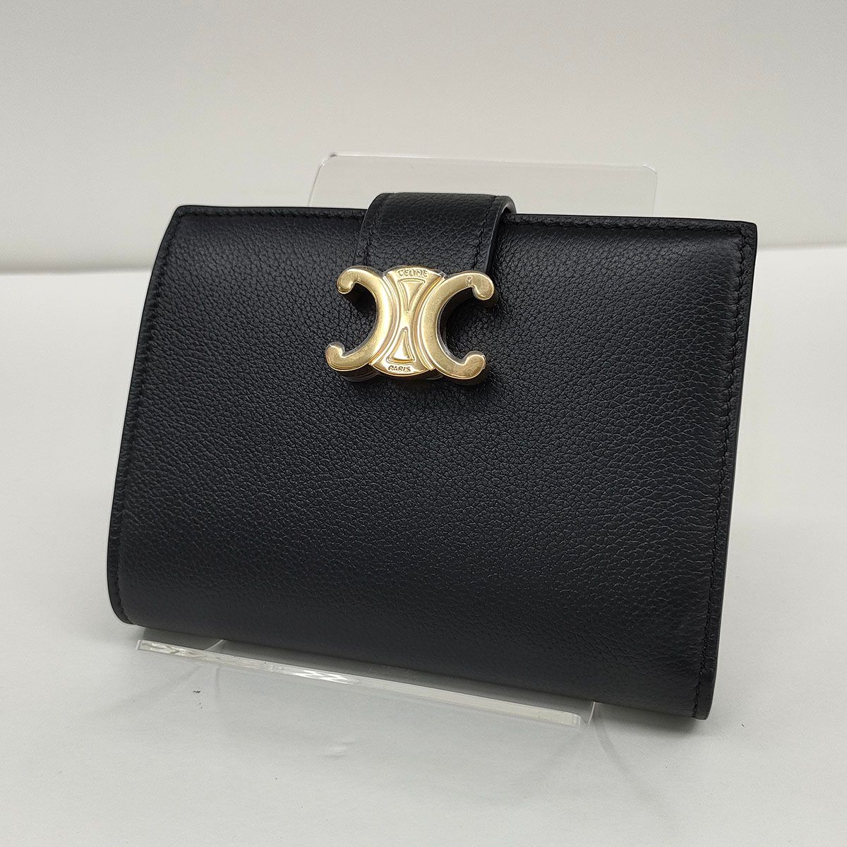 CELINE セリーヌ ミディアム ストラップウォレット ニノ 二つ折り財布 10 M 913 レディース レザー ブラック ゴールド金具