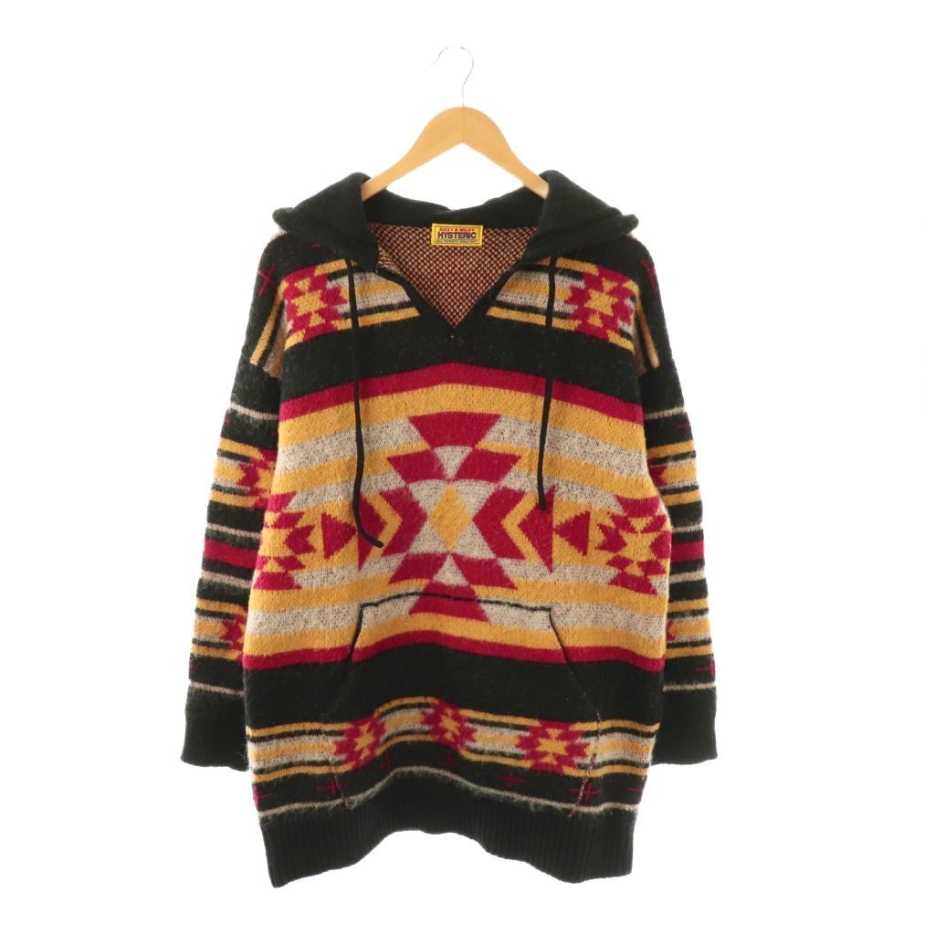 ヒステリック Hysteric NATIVE柄 オーバーサイズパーカー ニット チュニック丈 モヘヤ混 F ブラック マルチカラー |ES OS