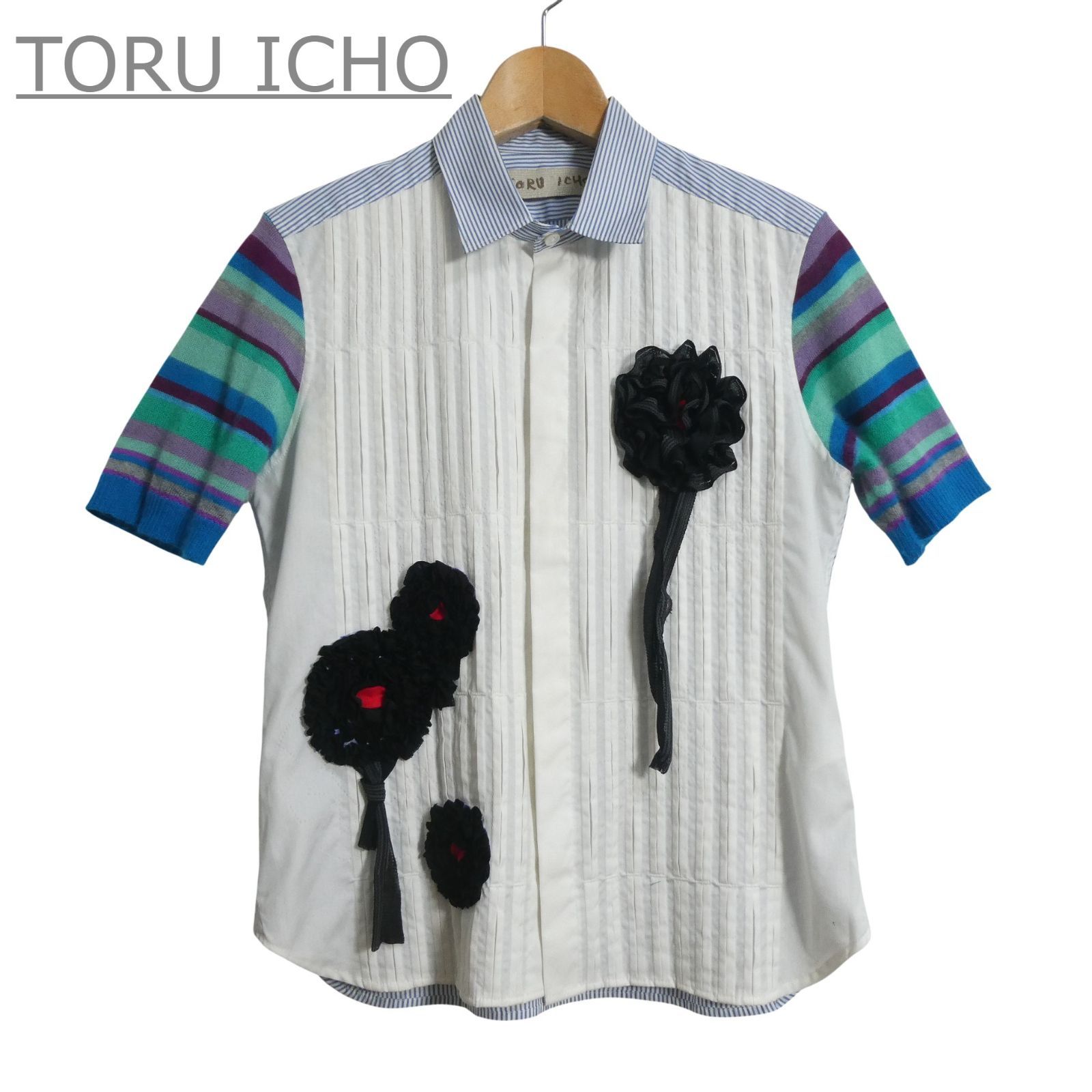 TORU ICHO トオルイチョウ 半袖 デザイン シャツ ブラウス プリーツ リボン フラワー ニット 装飾 ボーダー柄 ストライプ柄 マルチカラー レディース