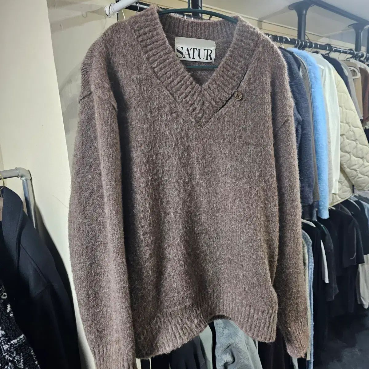 SATUR セター Vネック ツートン モヘア PULL UP ニット ブラウン