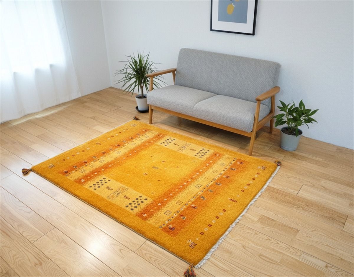ペルシャ ギャッベ ソファー前 ハーフラグ 147 x 105㎝ 黄金色 オレンジ 生命の木 ヤギ RJ 12737