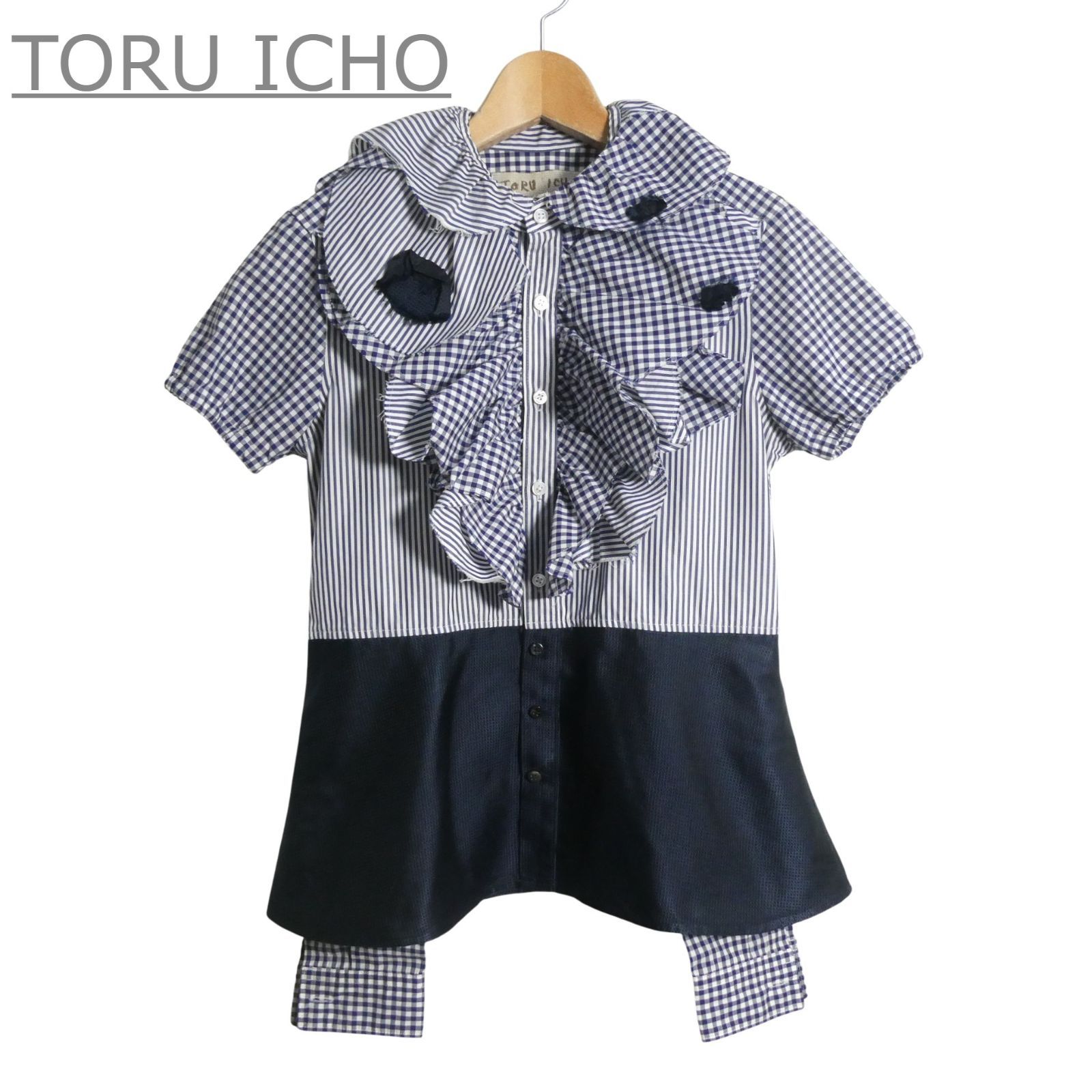 TORU ICHO トオルイチョウ サイズ38 半袖 デザイン シャツ ブラウス ニット切り替え フラワー装飾 ストライプ柄 コットン ネイビー×ホワイト レディース