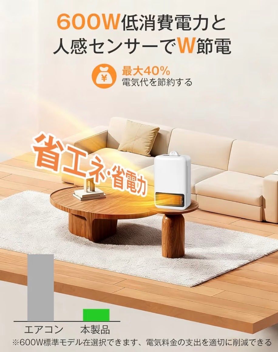 暖房効率が高く、省エネ設計セラミックファンヒーター 600W/1200W 出力