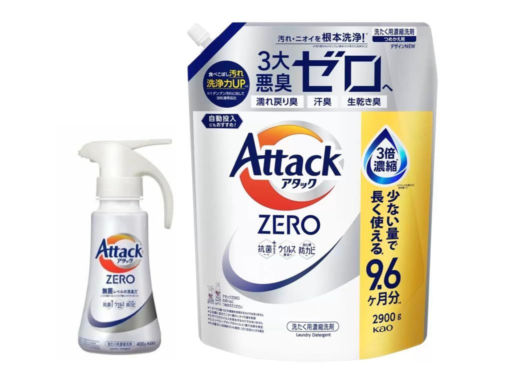 【セット販売】アタック ZERO 洗濯 洗剤 液体 アタック液体史上 最高の清潔力。菌の隠れ家蓄積０へ ワンハンドプッシュ 本体400ｇ+詰替え2900g
