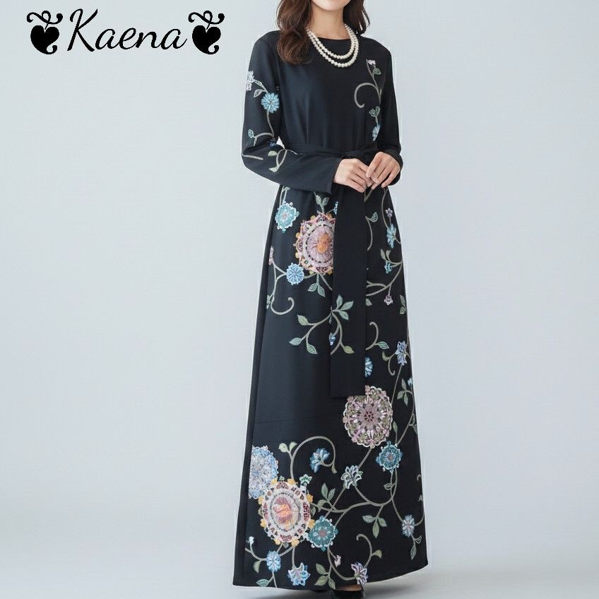 ❦Kaena❦ 着物リメイク ワンピース ロング マキシ ドレス Aライン 黒留袖 作家物 中国三大相良刺繍 ベルト紐 後ろボタン 金彩 鳳凰花唐草文 正絹 結婚式 パーティー 卒業式 入学式 ステージ衣装 ブラック フォーマル 黒 オケージョンドレス