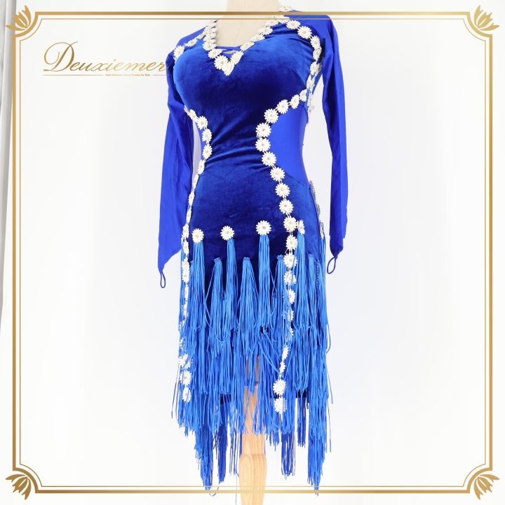 社交ダンス 衣装 ラテン ドレス ワンピース 青 フリンジ ベロア 花 デモ 競技 感 パーティ 発表会 ブルー系 フリンジドレス ストレッチ 伸縮性 レディース 社交ダンス衣装 素材 デモ用 ダンス衣装 フェミニン おしゃれ 大人用 フォーマル