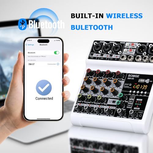 BOMGE オーディオミキサー サウンドボード ミキシングコンソール 5チャンネル デジタル USB Bluetooth エコー遅延効果 48 V Phantom Power ステレオDJミキサー 録音 ライブストリーミング ポッドキャ 11378 b 2 e