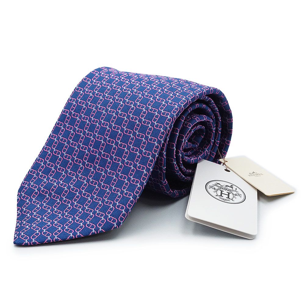 エルメス シェーヌダンクル マイヨン アンシェネ MAILLON シルク100％ ブルーモワイヤン ローズ アズール ネクタイ 7.5 CM HERMES ♥品