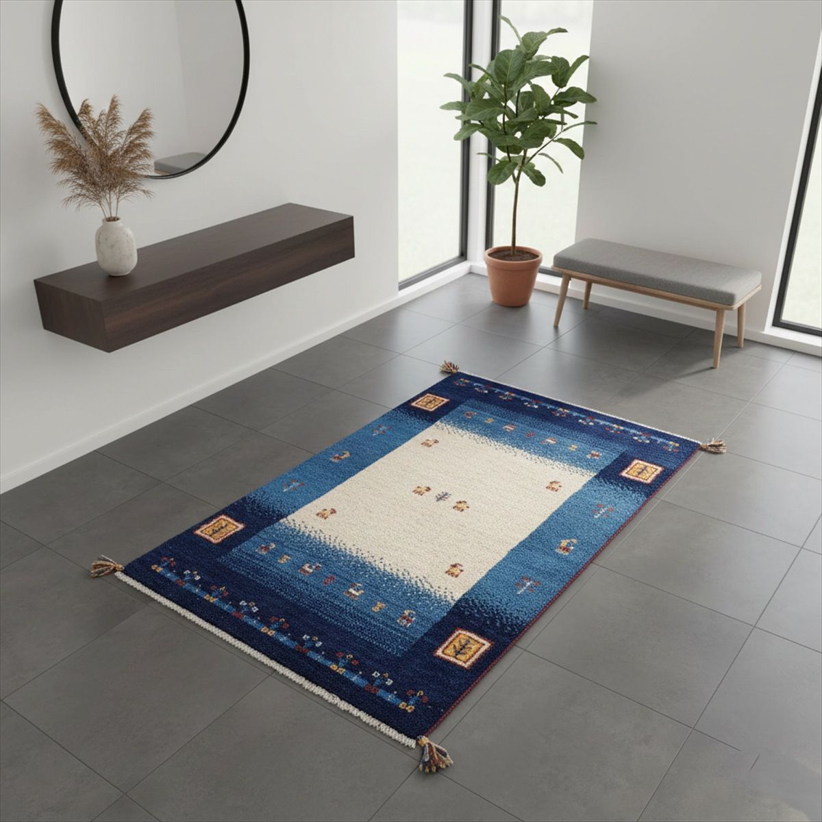 ペルシャ ギャッベ マット大 ラグ 125 x 80 cm アイボリー 藍色 青色 生命の木 ヤギ 羊 BT 2952