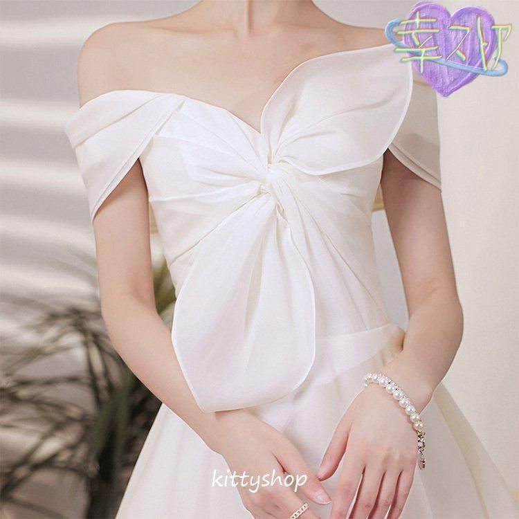 新品?未使用】ウェディングドレス オフショルダー リボン 無地 サテン