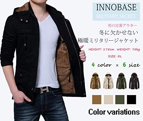 InnoBase メンズ ジャケット コート ミリタリージャケット マウンテンパーカー 裏ボア ジャンパー ブルゾン ハーフ丈 フード付き 着脱可 防寒 防風 厚手 カジュアル 秋 冬 アウトドア おしゃれ 彡 f 4367221