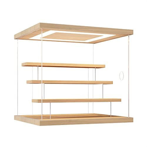 KUKERフィギュアケース コレクションケース アクリルケース LED照明付き ディスプレイケース ショーケース クリアケース 展示ケース ひな壇 扉付き 木製 組み立て簡単 手袋 防汚れ クリーニングクロス付き LEDホワイト ひな壇3段