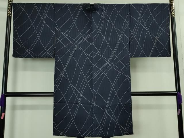 平和屋着物＃ 上 長羽織 斜線文 濃い紺地 反端付き kh 6