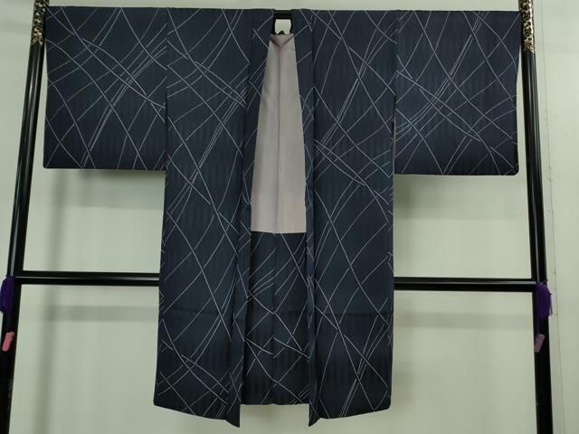 平和屋着物＃ 上 長羽織 斜線文 濃い紺地 反端付き kh 6