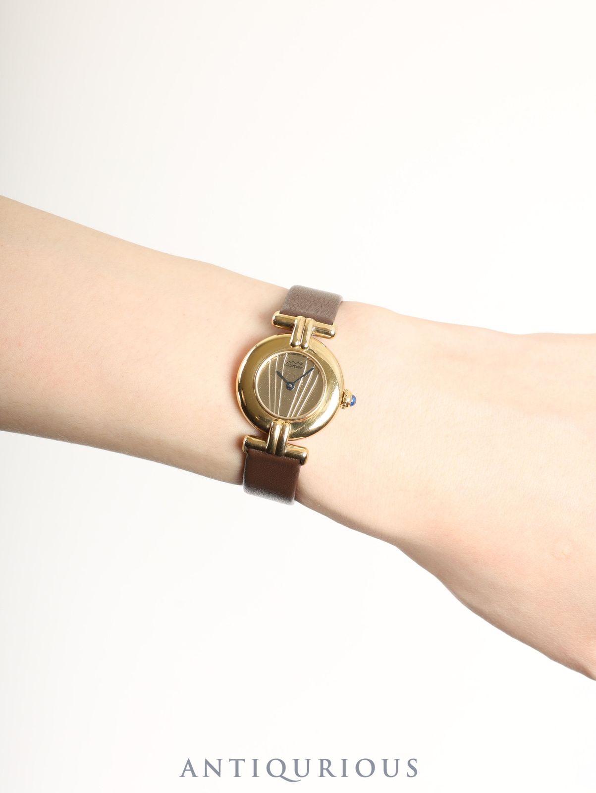 カルティエ マストコリゼ 590002 クォーツ Cal.90 SV 925 革 尾錠 GP ゴールド文字盤 オーバーホール済み