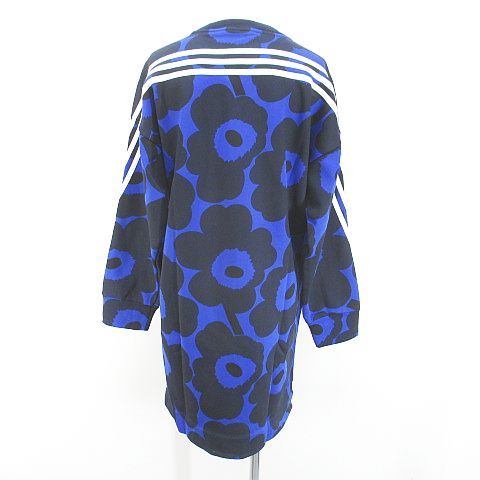 アディダス adidas マリメッコ marimekko コラボ 花柄 フラワー 長袖 膝上 ミニ トレーナーワンピース ワンピース L 青系 ブルー ライン 裏起毛
