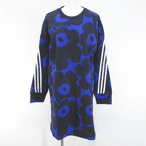 アディダス adidas マリメッコ marimekko コラボ 花柄 フラワー 長袖 膝上 ミニ トレーナーワンピース ワンピース L 青系 ブルー ライン 裏起毛