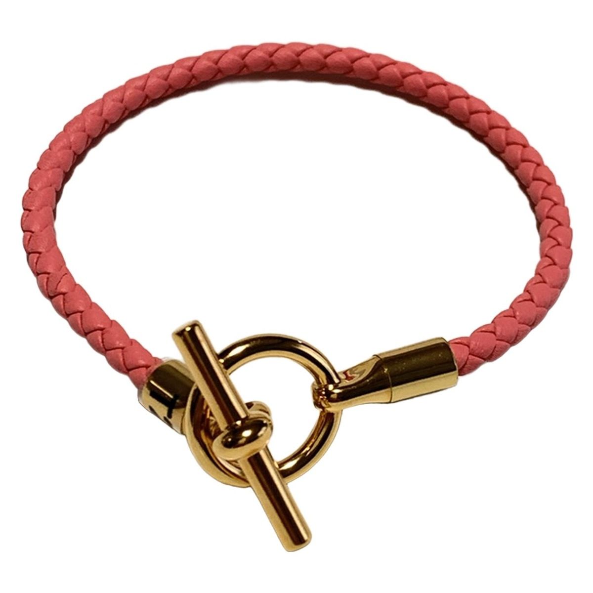 HERMES エルメス ブレスレット グレナン レザー ピンク×ゴールド 編み込み