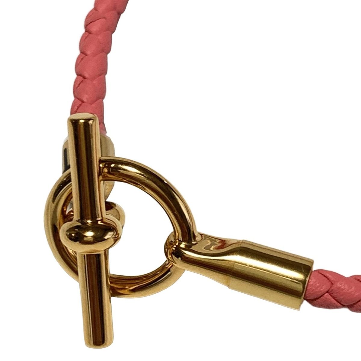 HERMES エルメス ブレスレット グレナン レザー ピンク×ゴールド 編み込み