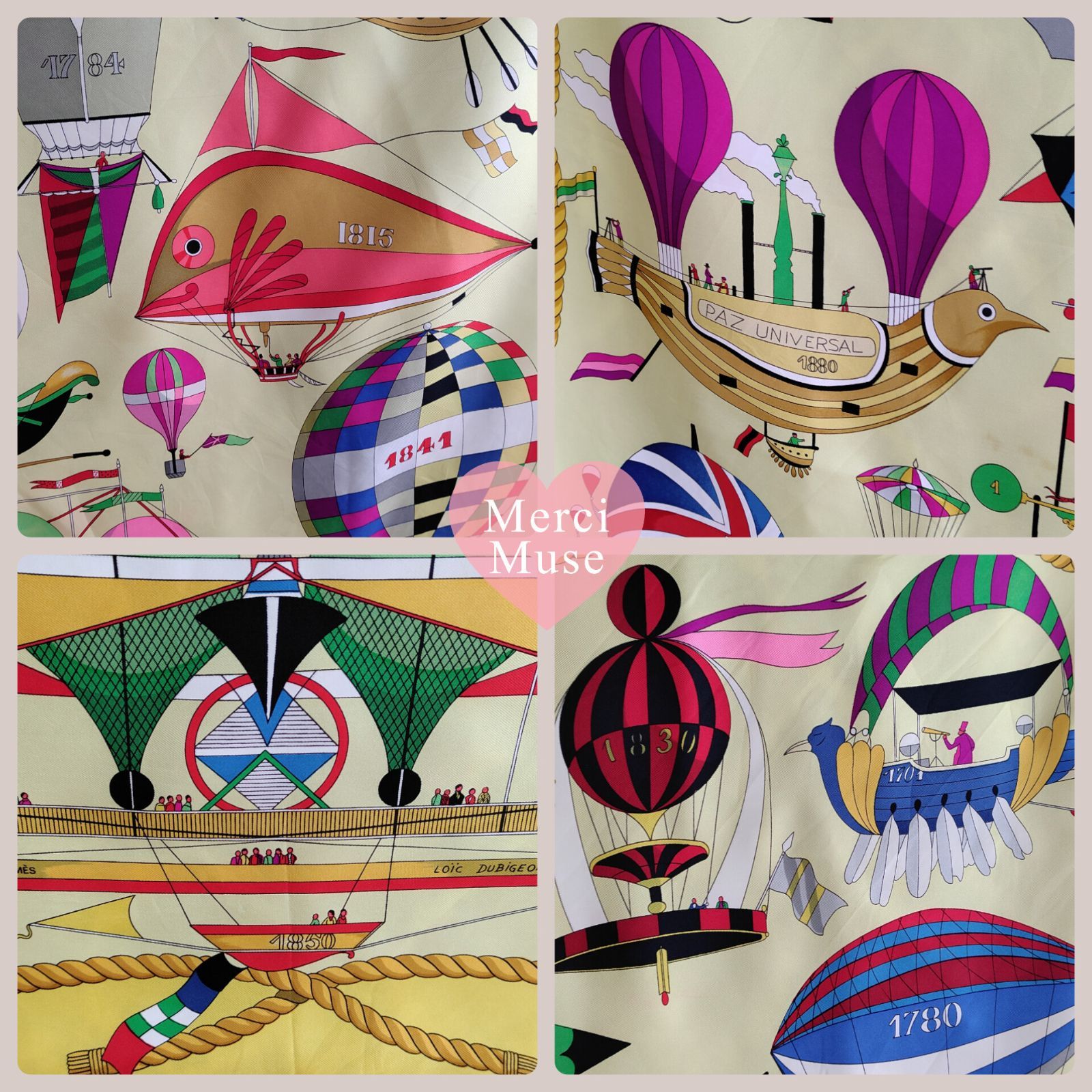  なお品 クリーニング済 エルメス カレ90 LES FOLIES DU CIEL 大気の狂気 イエロー スカーフ MerciMuse メルシーミューズ バンダナ スカーフ 小物