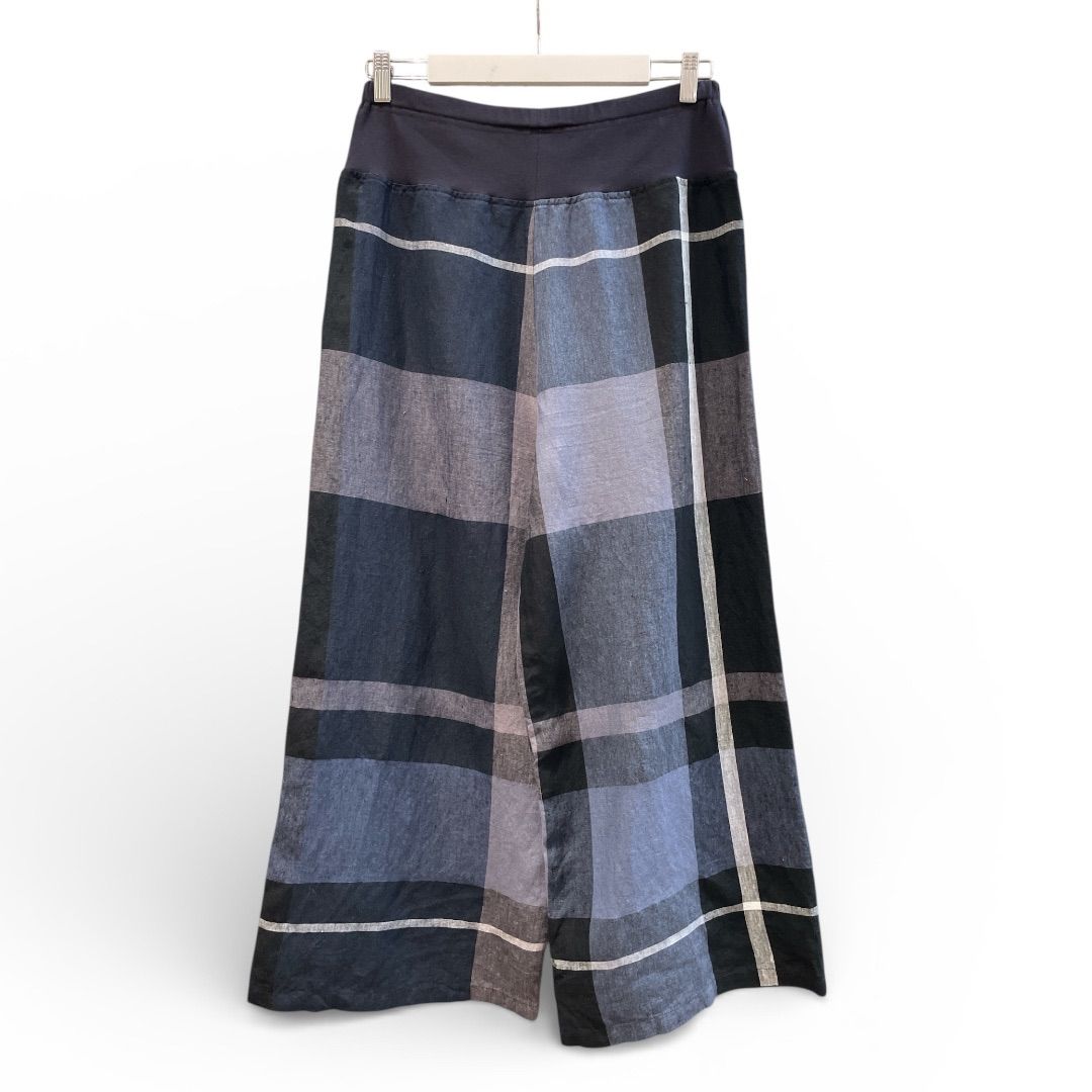 ビアズリー リネンビッグチェックウエストリブパンツ サイズ2 ネイビー チェック柄 NO 定価 ¥22000円 ワイド 総ゴム リネン レディース 夏 ゴーゴー 草2963