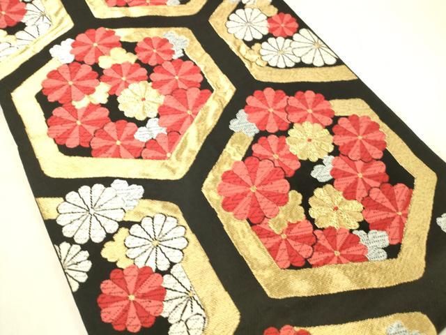 平和屋着物◎六通柄 京本袋帯 唐織 亀甲花文 黒地 金銀糸 正絹 逸品