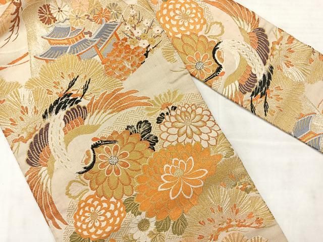 平和屋着物◎アンティーク 大正ロマン 両面全通柄袋帯 唐織 飛鶴花文