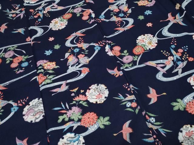 平和屋着物□上質な小紋 型染め 流水雪輪花蝶文 正絹 逸品 未使用