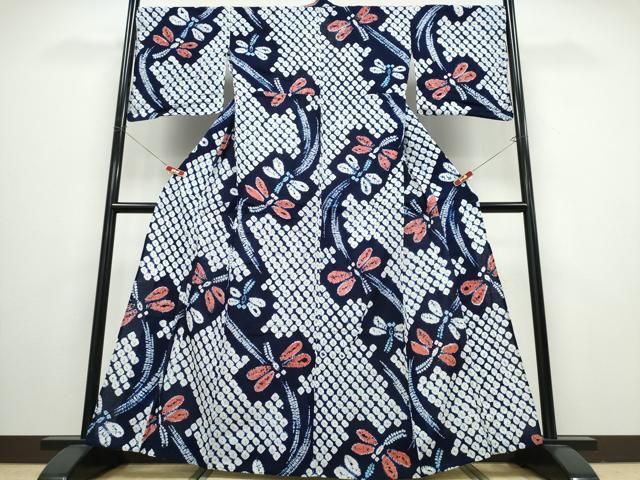 平和屋着物∴夏物 浴衣 有松鳴海絞り 蜻蛉 トンボ 流水文 綿 逸品