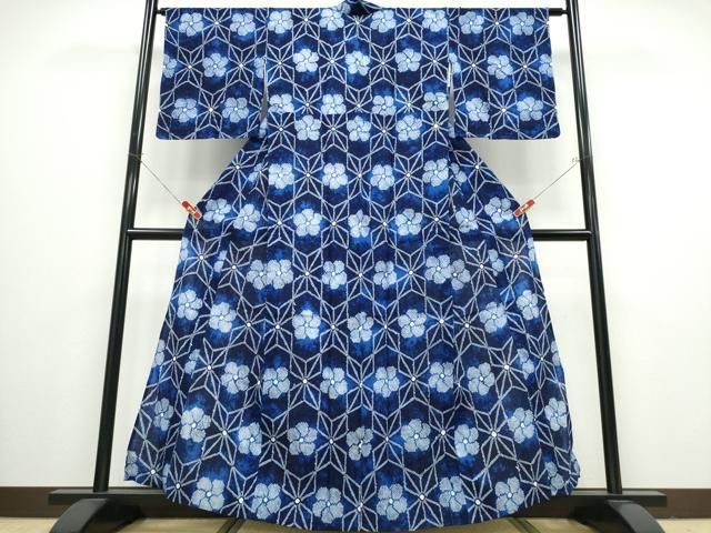 平和屋着物∴夏物 浴衣 有松鳴海絞り 捻じ梅 麻の葉文様 綿 逸品 未