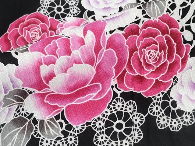 平和屋着物∴夏物 浴衣 牡丹薔薇レース花文様 黒地 綿 逸品 CABB6659ng