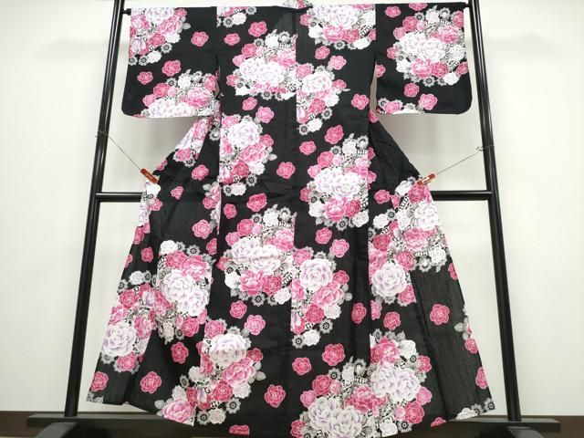 平和屋着物∴夏物 浴衣 牡丹薔薇レース花文様 黒地 綿 逸品 CABB6659ng