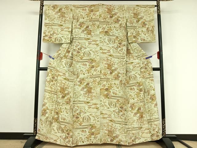 平和屋着物▽上質な小紋 単衣 風景松竹梅文 暈し染め 金彩 正絹 jh