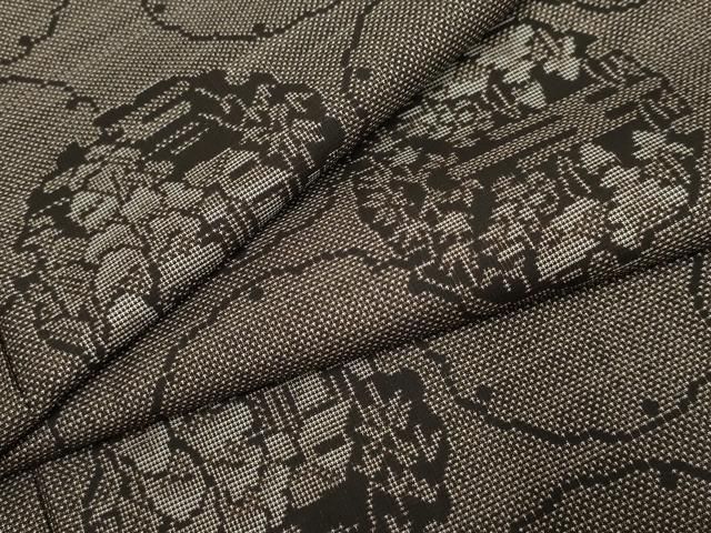 平和屋着物●本場大島紬 泥染め カタス7マルキ 雪輪重ね風景文 正絹 ♥ cs