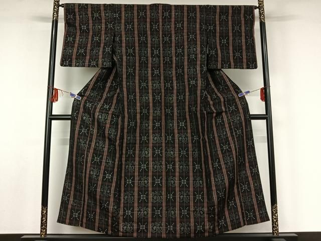 平和屋着物▽上質な紬 単衣 格子柄 黒地 正絹 jh