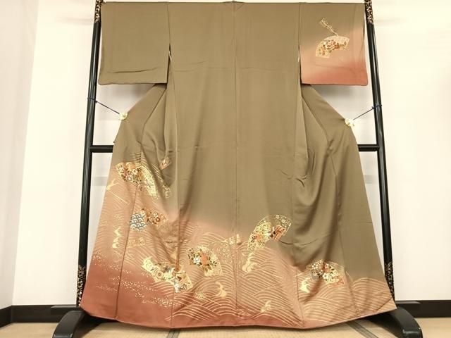 平和屋着物●訪問着 駒刺繍 地紙花鳥文 暈し染め 金彩 正絹 fy