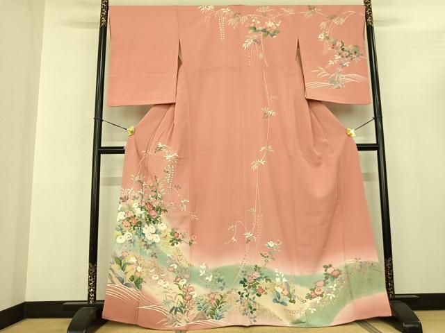 平和屋着物●訪問着 友禅 枝花文 暈し染め 金彩 正絹 fy