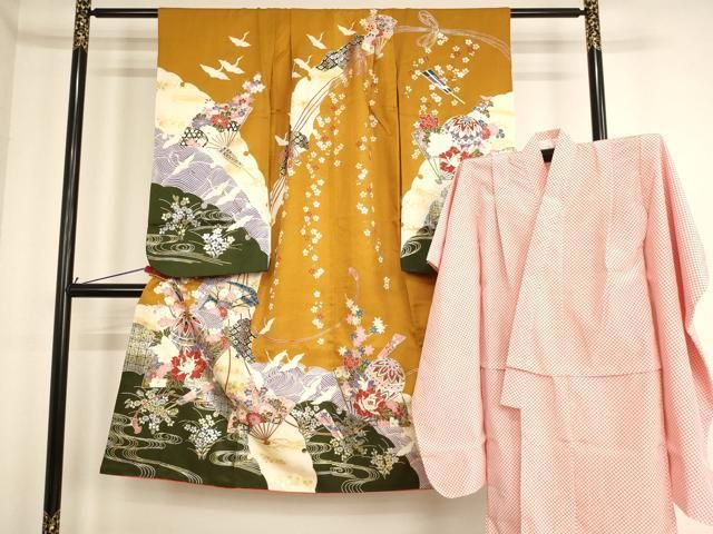 平和屋着物 七五三 女の子 ７歳 祝着 四つ身 長襦袢セット 飛鶴扇面花手毬文 暈し染め 金彩 ja