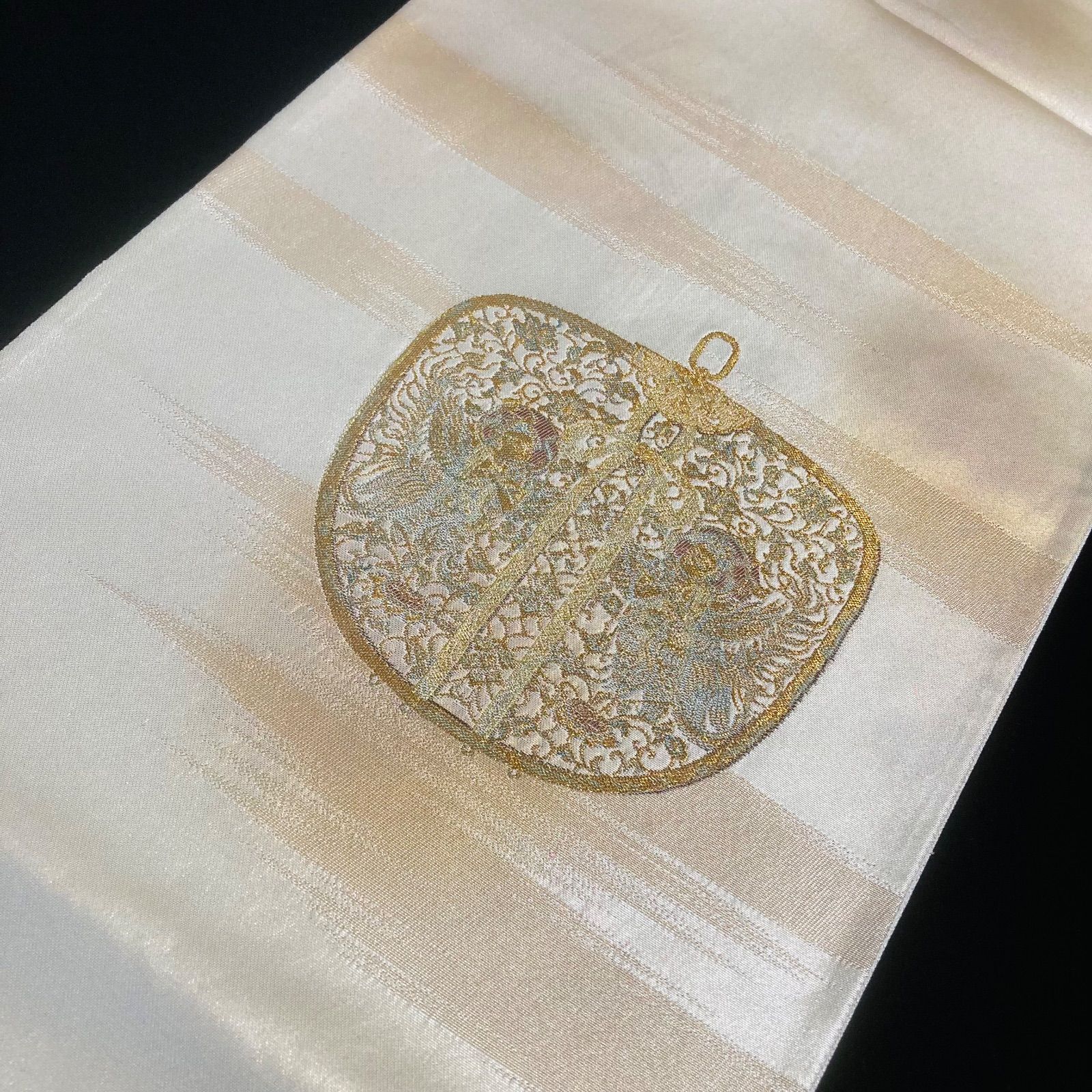 着物と帯オレンジ y 262 お仕立て上がり|銀の地縫い取り引箔西陣正絹袋帯|太鼓柄