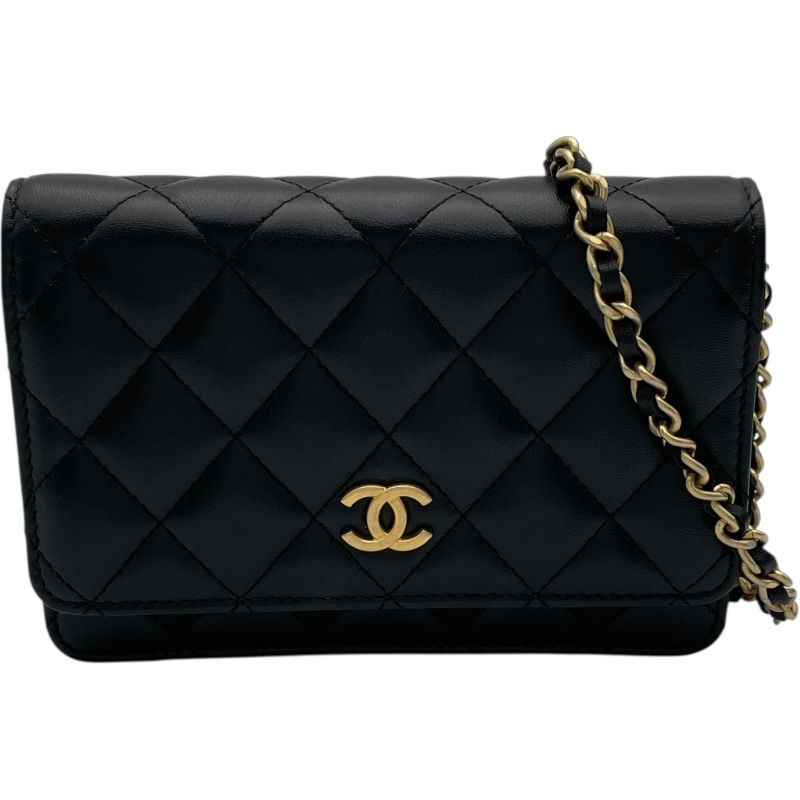 シャネル CHANEL フリルチェーンウォレット 30番台 ブラック GD金具 ラム レディース ショルダーバッグ