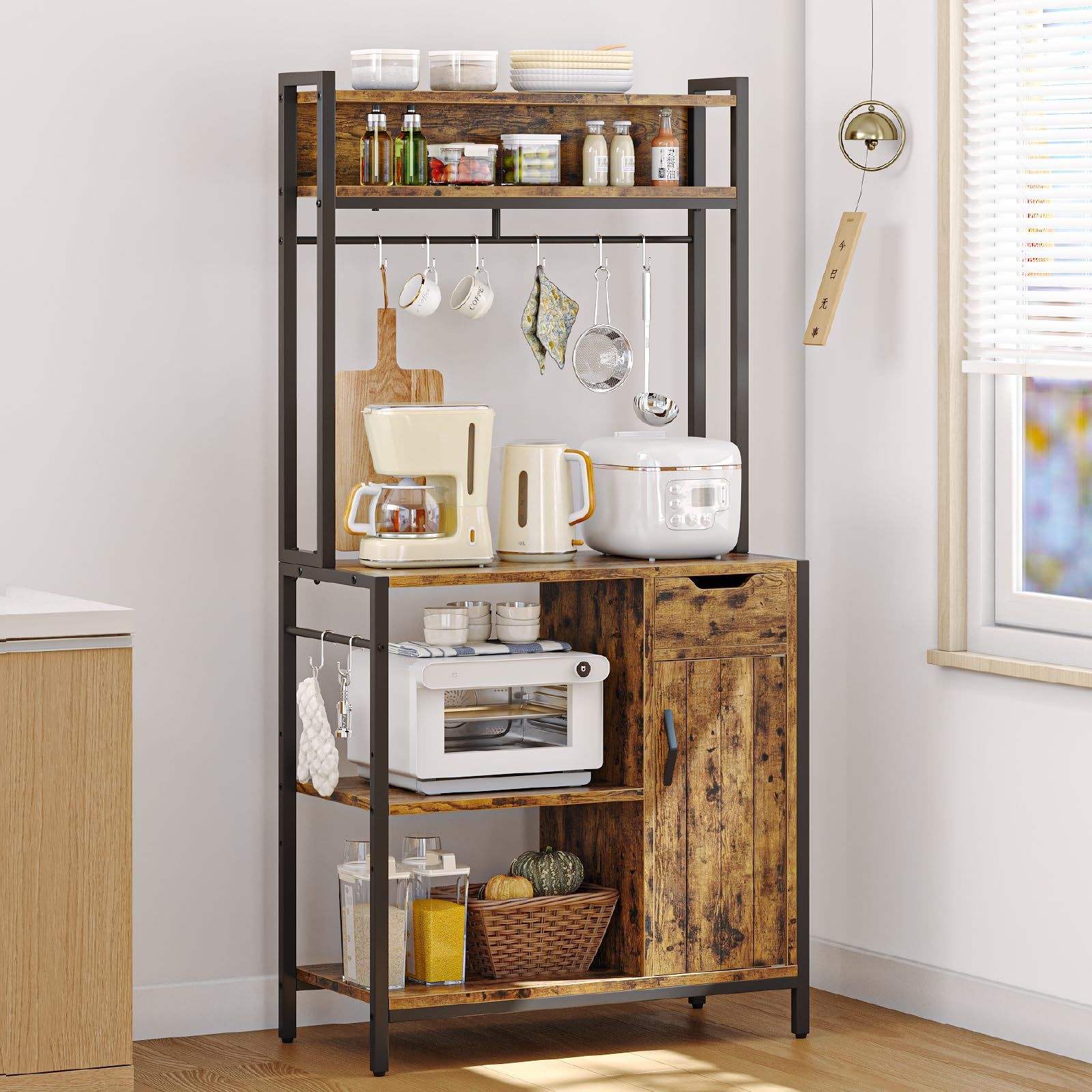 Bestier レンジラック 幅83.6×奥行39.8×高さ170 cm キッチンラック キッチン棚 大型レンジ対応レンジ台 扉付き収納 引き出し付き 高さ調整 な棚板 高耐荷設計 S字フック 省スペース 木製 食器棚 レンジボード キッチン収納