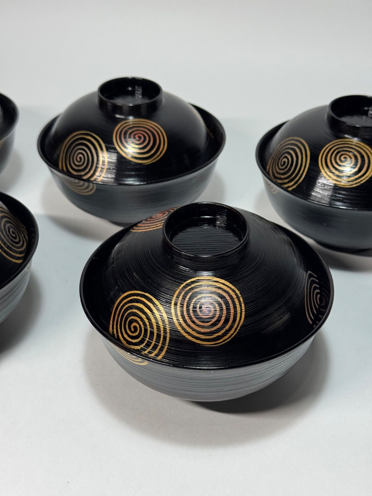平安堂 造 黒地刷毛塗渦巻き文 吸物椀 五客揃 共箱