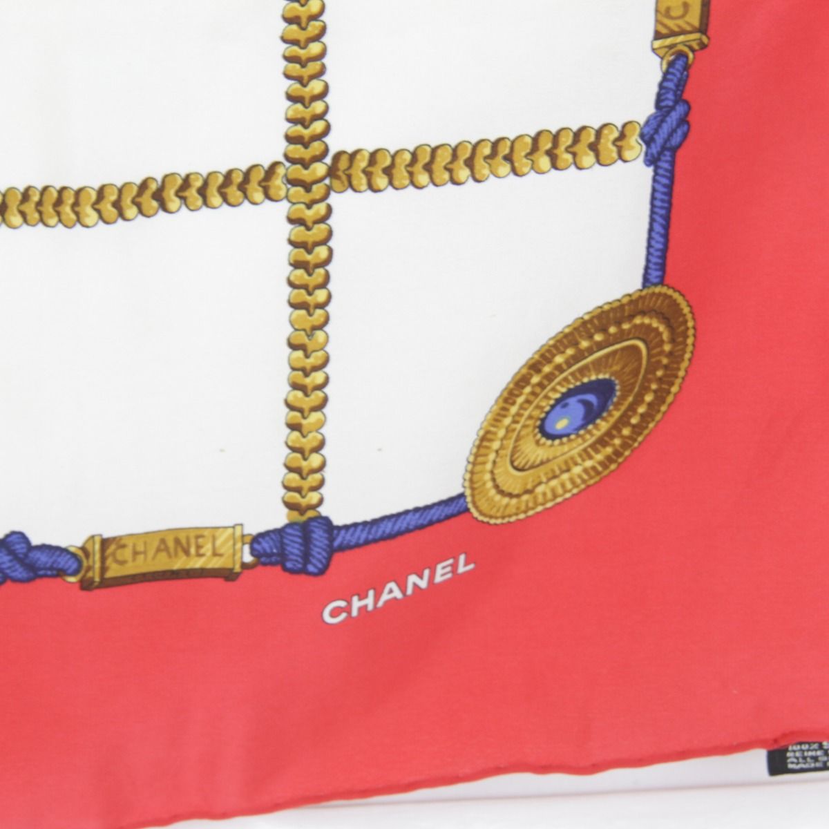 シャネル チェーン格子柄 スカーフ シルク レッド×ホワイト