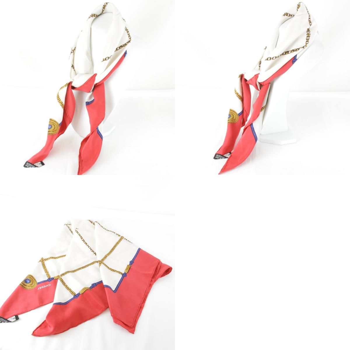  シャネル チェーン格子柄 スカーフ シルク レッド×ホワイト バンダナ スカーフ 小物