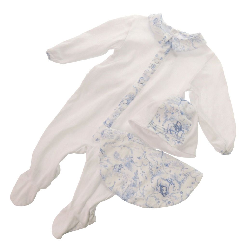 ベビーディオール トワル ドゥ ジュイ ロンパース スタイ 帽子3点セット コットン ホワイト ブルー 0369 Dior