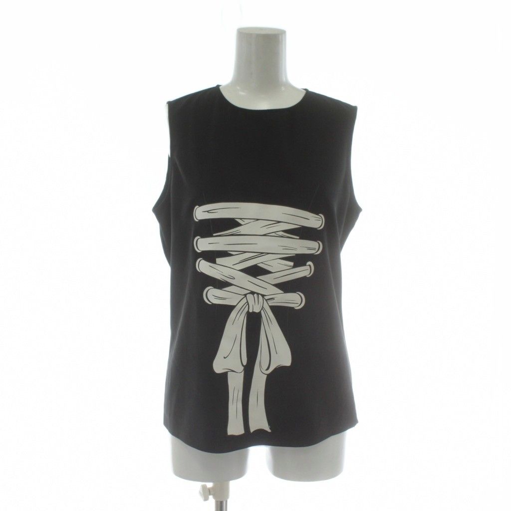 モスキーノ ブティック タンクトップ ノースリーブ リボン プリント 40 黒 ブラック |XZ GY 57
