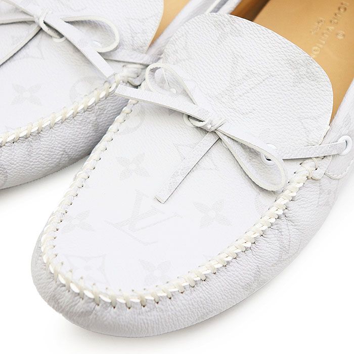 LOUIS VUITTON ルイ ヴィトン ドライビングシューズ アリゾナライン LV ロゴ モノグラム レザー カップインソール スリッポン ローファー シューズ 靴 メンズ サイズ 8 ライトグレー イタリア製