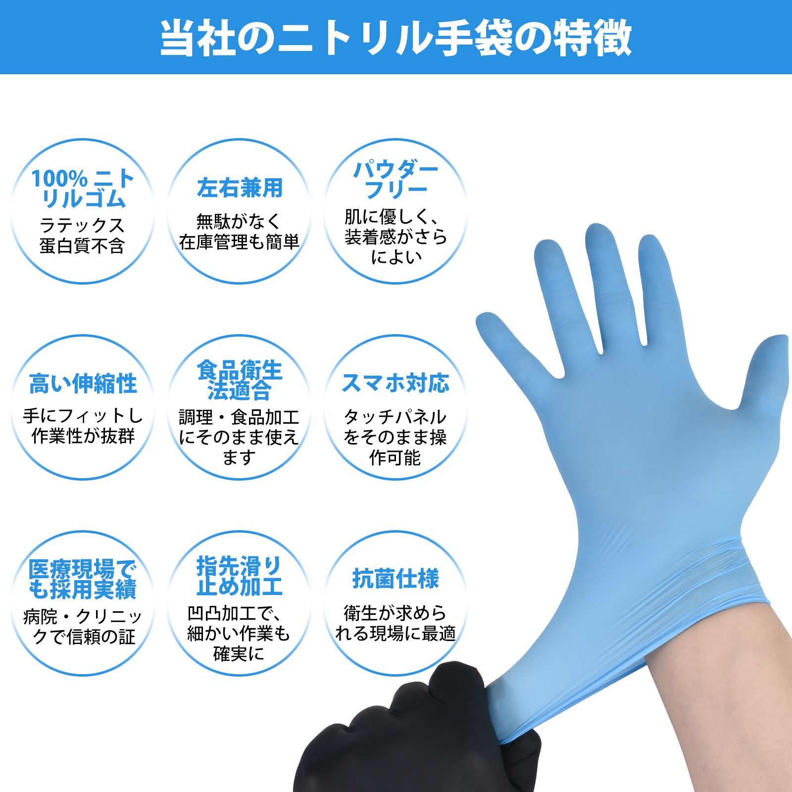 厚手抗菌ニトリル手袋 1000枚 使い捨て 食品衛生法適合 パウダーフリー 